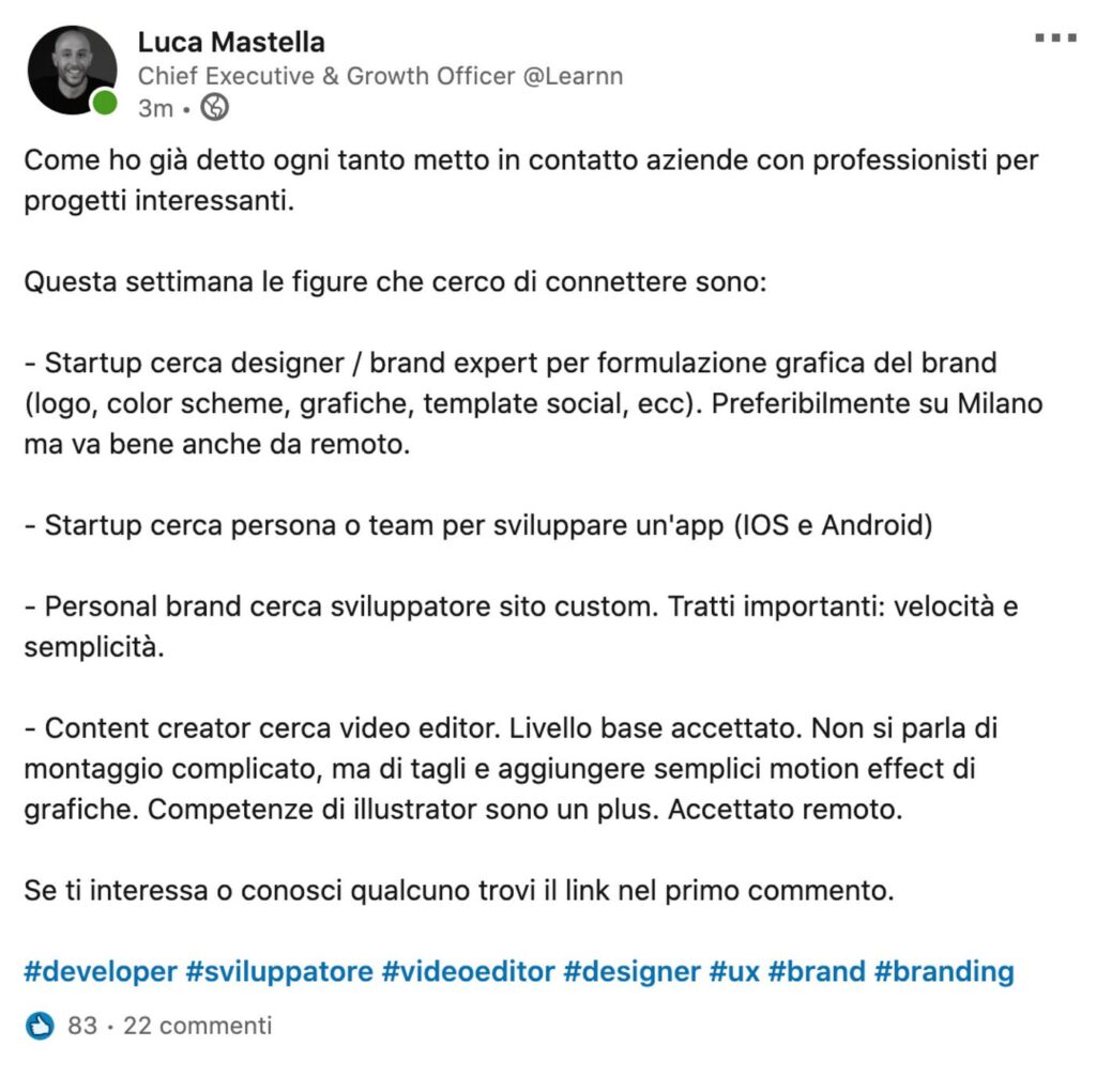 Screenshot di un post di Luca Mastella per la ricerca di professionisti su LinkedIn
