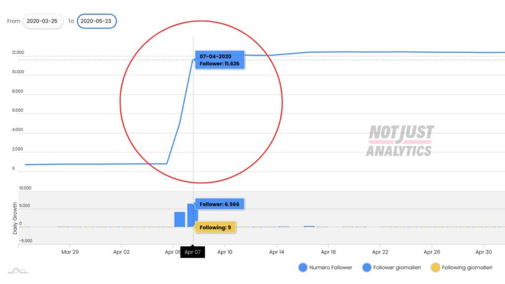 Caso studio: grafico Not Just Analytics della crescita Instagram di Miss Schiscia