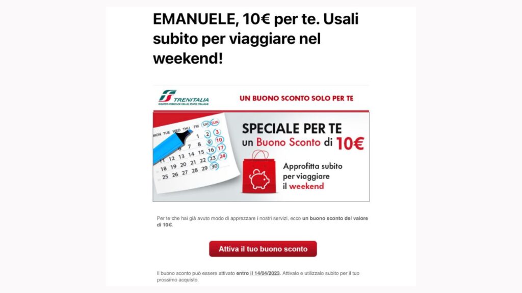 Esempio di newsletter di Trenitalia, in cui viene proposto un buono sconto di 10 euro