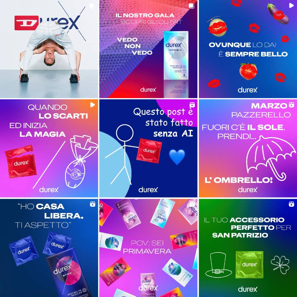 Esempio di piano editoriale Instagram di Durex: l'azienda usa colori accesi tra blu, viola e fucsia, con grafiche ricche di emoji e testi che alludono ai rapporti sessuali protetti