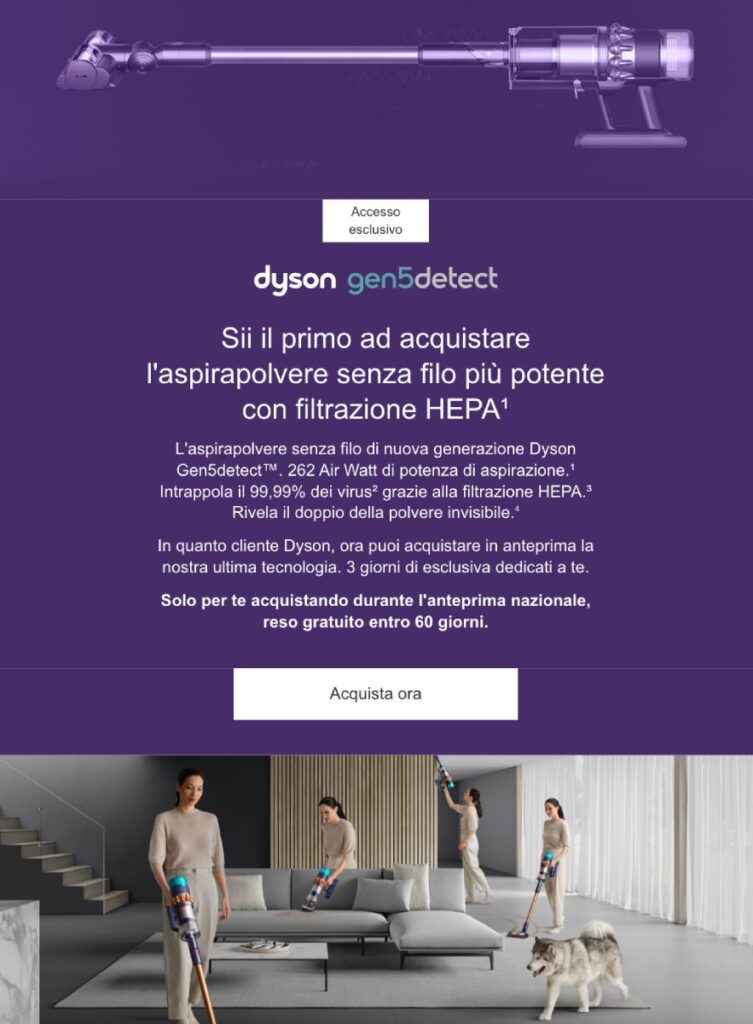 Effetto trigger novità applicato all'email marketing e al copywriting di Dyson