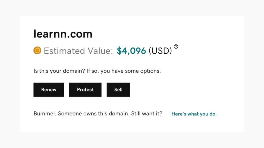Screenshot del valore del dominio Learnn.com prima dell'acquisto