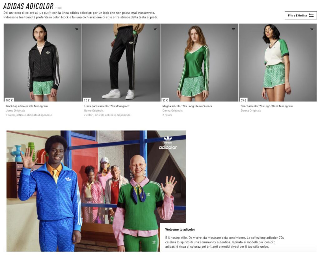 Scritto della pagina di vendita Adidas Color, con i prodotti del brand in stile anni '70