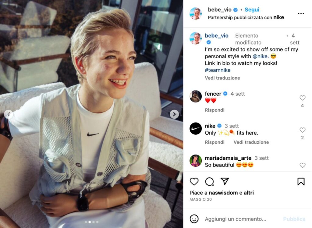 Una pubblicità sportiva fatta da Nike su Instagram in partnership con Bebe Vio