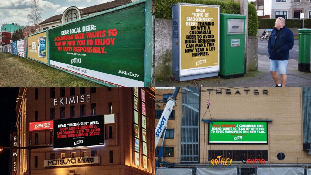 Immagini di cartelloni pubblicitari di "The Beer Cap Project" di Aguila, sparsi per il mondo: il messaggi che riportano invitano i grandi marchi di birra ad unirsi all'iniziativa di Aguila