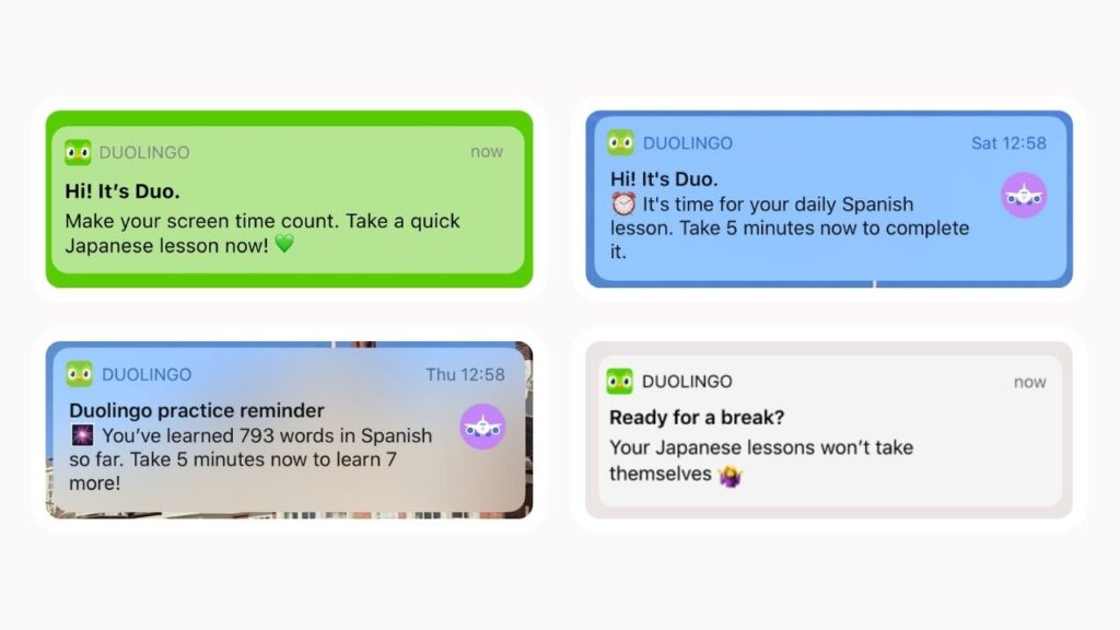 Esempi di notifiche push di Duolingo che contengono emoji