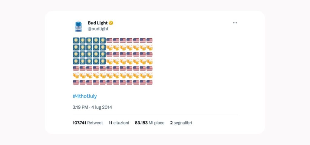 BudLight, nel Giorno dell'Indipendenza, ha pubblicato un tweet di sole emoji che, insieme, compongono la bandiera degli Stati Uniti d'America