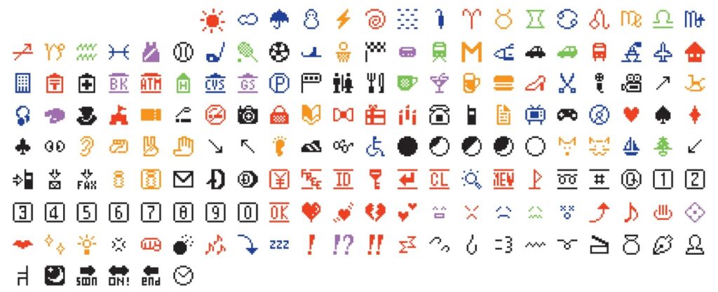 Emoji realizzate da Shigetaka negli anni '90: sono 76 pittogrammi da 12x12px, custoditi oggi al MoMA di New York