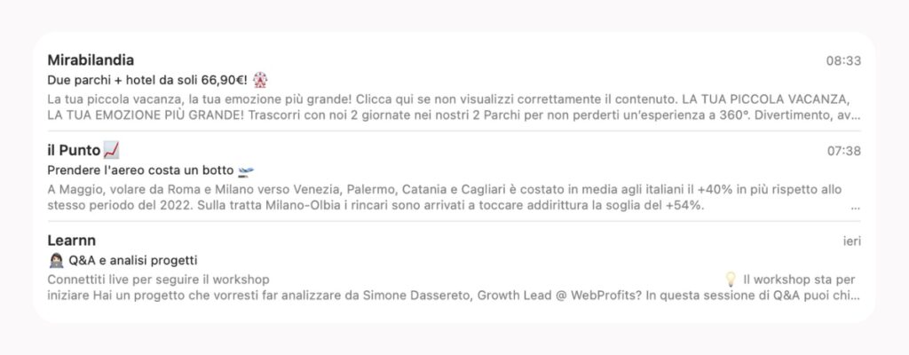 Esempio di utilizzo delle emoji nell'email marketing: Learnn, il Punto e Mirabilandia