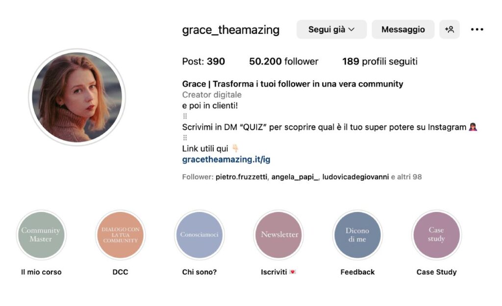 Screenshot della biografia Instagram di Grace The Amazing: si presenta ben curato e rivela subito di cosa si occupa Grace