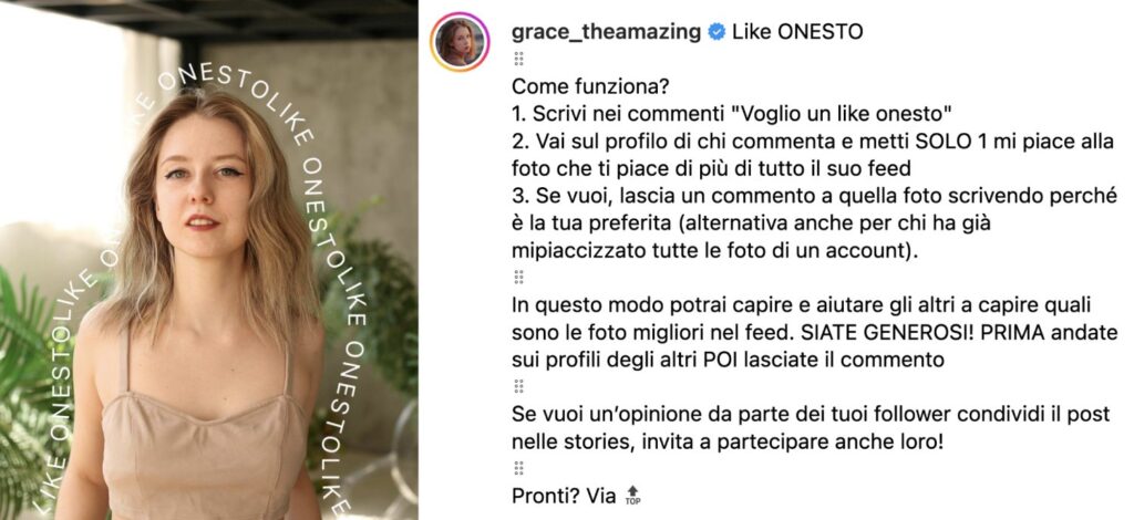 Screenshot di un post Instagram di Grace The Amazing in cui utilizza il format "Like onesto" per invitare le persone della sua community a lasciare un like tra di loro e un feedback nei commenti
