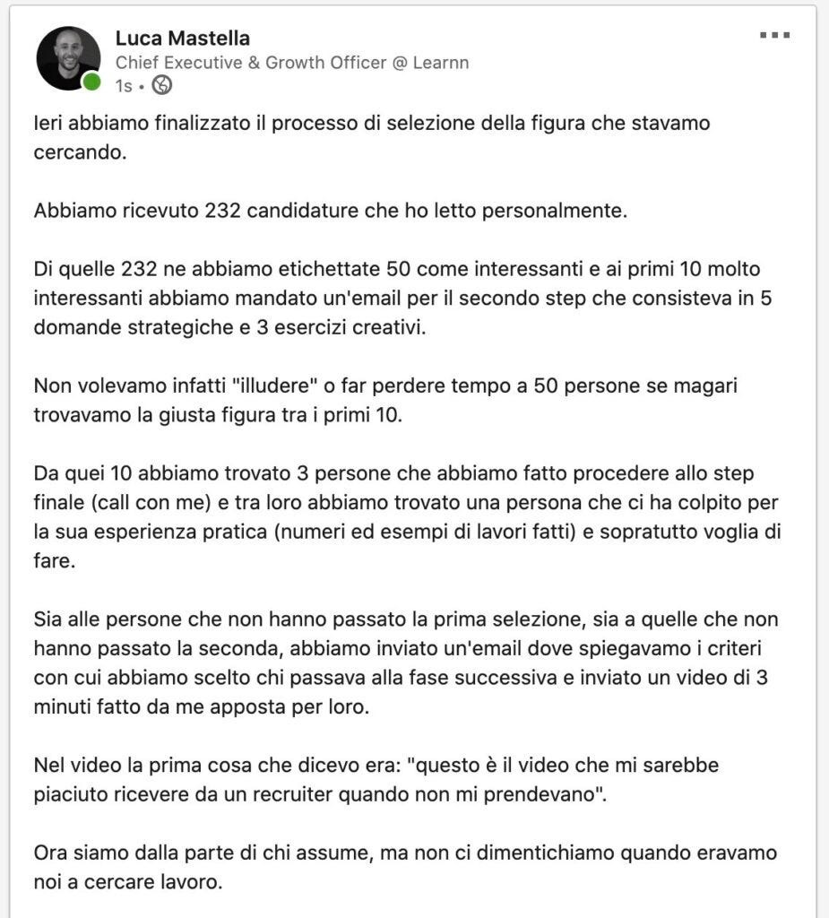Luca Mastella racconta in un post di LinkedIn il processo di selezione dei candidati