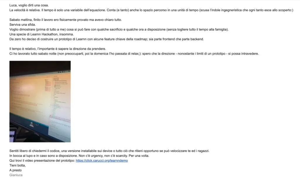 Mail di Gianluca a Luca in cui mostra un prototipo di app Learnn funzionante