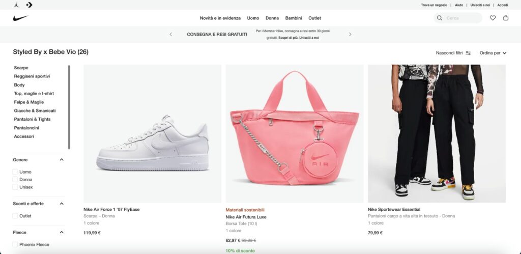 Screenshot della pagina shop di Nike con i prodotti promossi da Bebe Vio