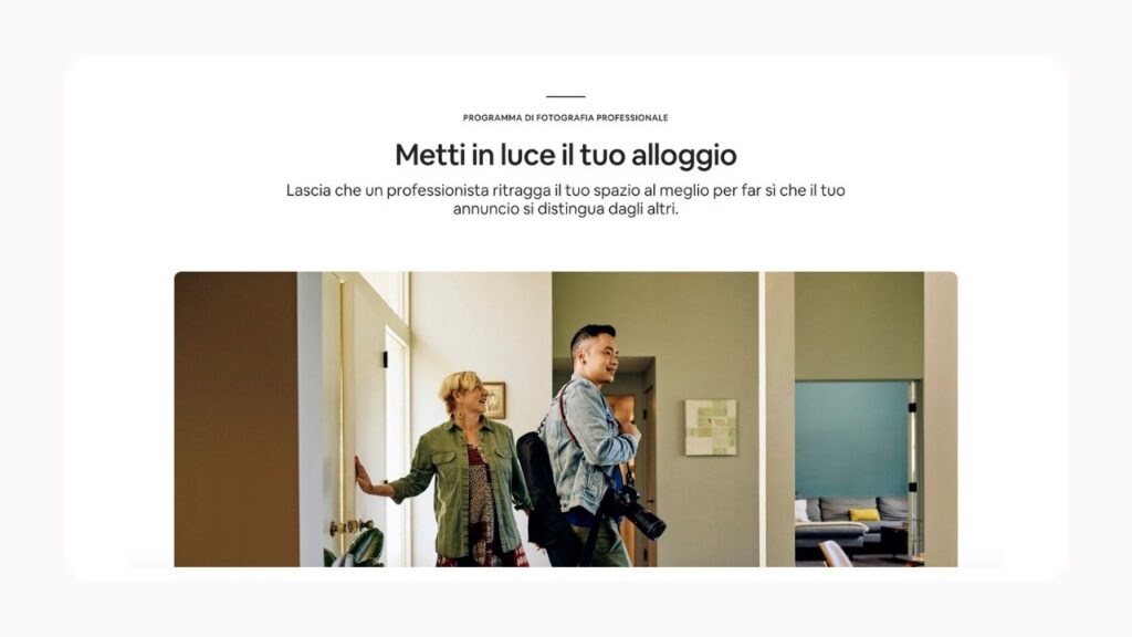 Screenshot della pagina web del servizio fotografico di Airbnb