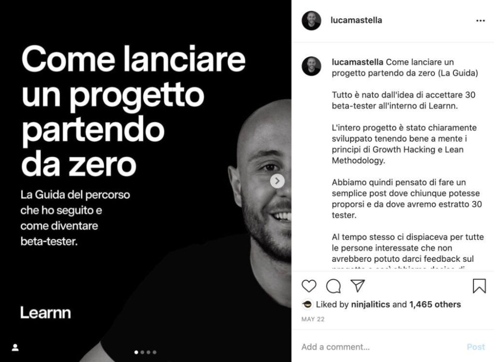 Post di Learnn su Instagram su come lanciare un progetto partendo da zero