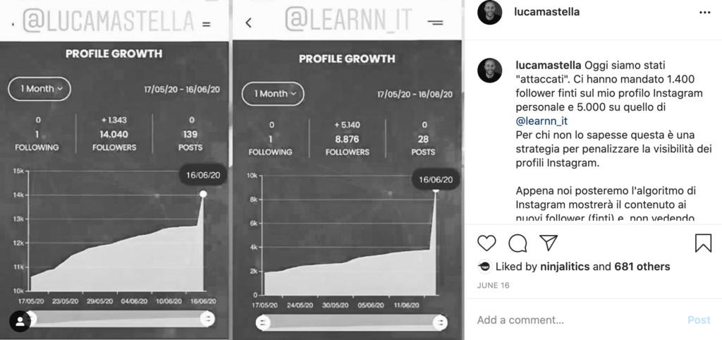 Post di Luca Mastella in cui parla e mostra i grafici del primo attacco social di fake following sul suo profilo Instagram e quello di Learnn