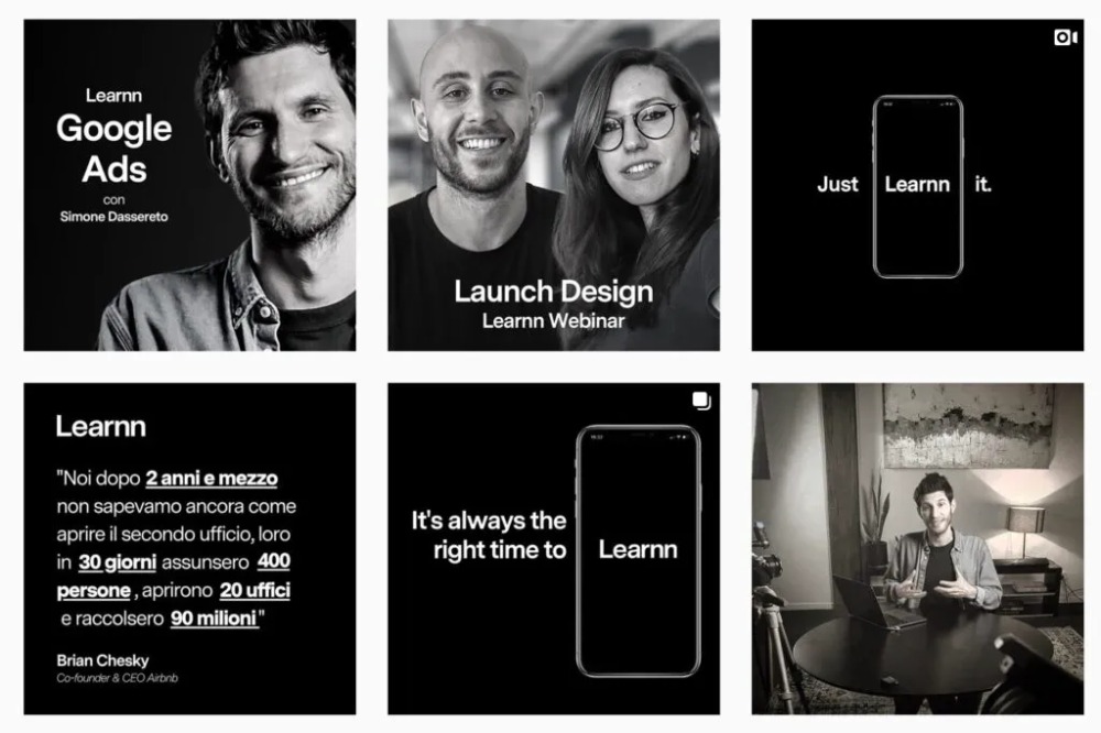 I colori che rappresentano il brand Learnn sono bianco e nero: in foto una serie di post social con immagini di questi due colori