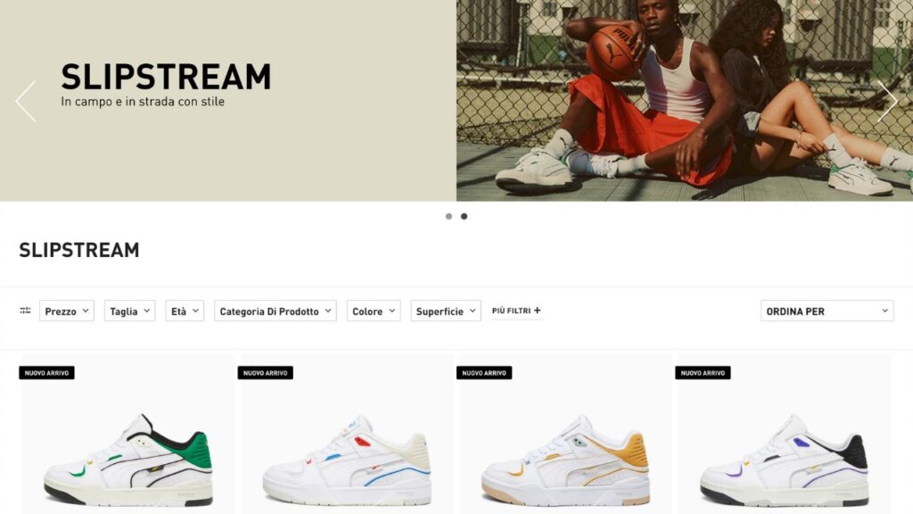 Pagina di vendita di PUMA in cui promuove la sua scarpa SlipStream