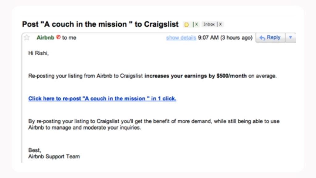 Esempio di mail scritta dal bot di Airbnb per permettere agli utenti di Craigslist di ripubblicare gli annunci di Airbnb su Craigslist