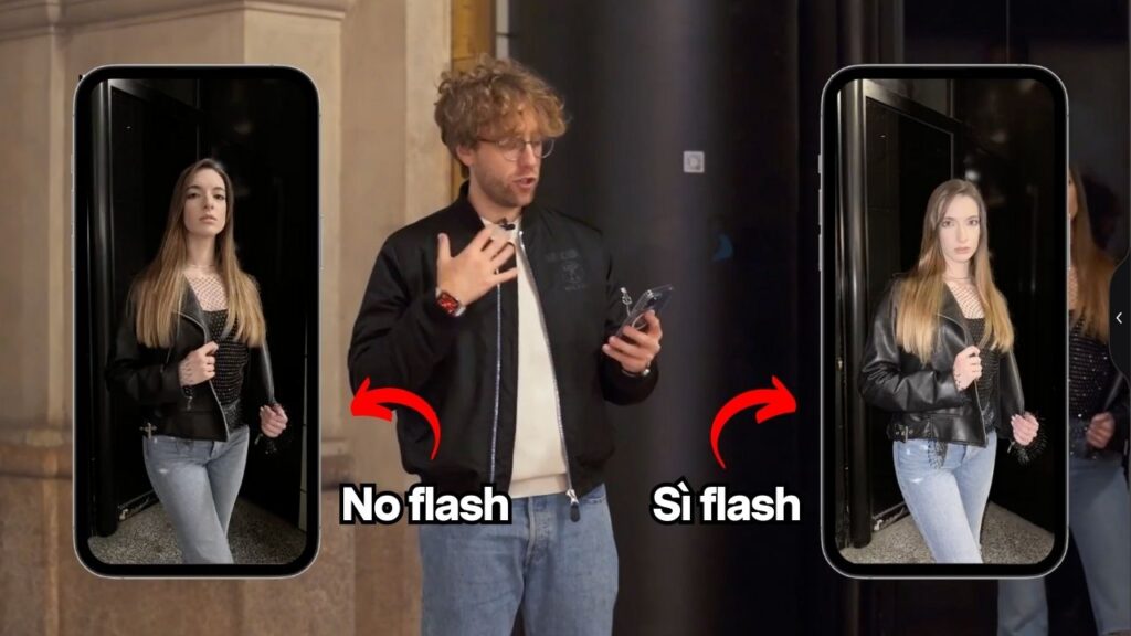 Differenza di illuminazione su due foto scattate di notte con lo smartphone: in una il soggetto è illuminato dal flash, nell'altra no