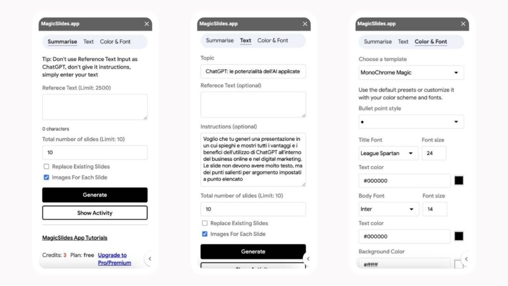 Schermata di MagicSlide, tool AI online da integrare in Google Presentazioni per generate presentazioni con l'intelligenza artificiale