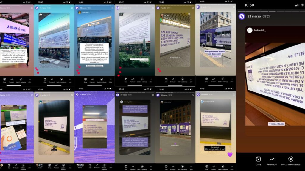 Screenshot delle condivisioni dei cartelloni pubblicitari di Serenis nelle storie di Instagram