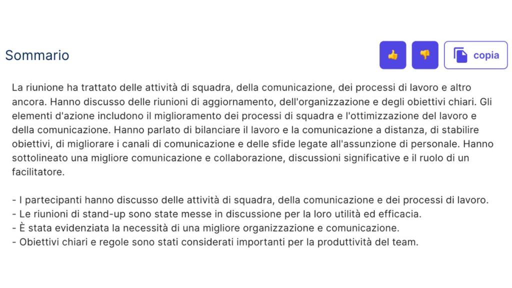 Sommario della trascrizione automatica della call di Team Learnn generato con l'AI di Tactiq.io