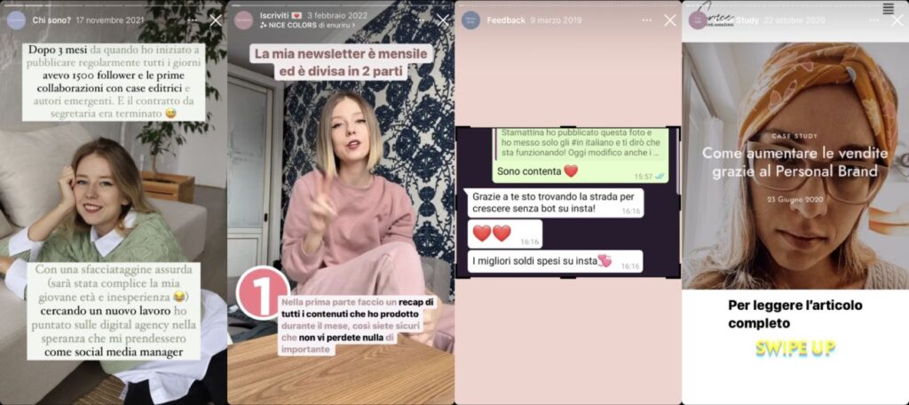 Screenshot di alcune Stories Instagram di Grace The Amazing, cui cui mostra servizi e recensioni