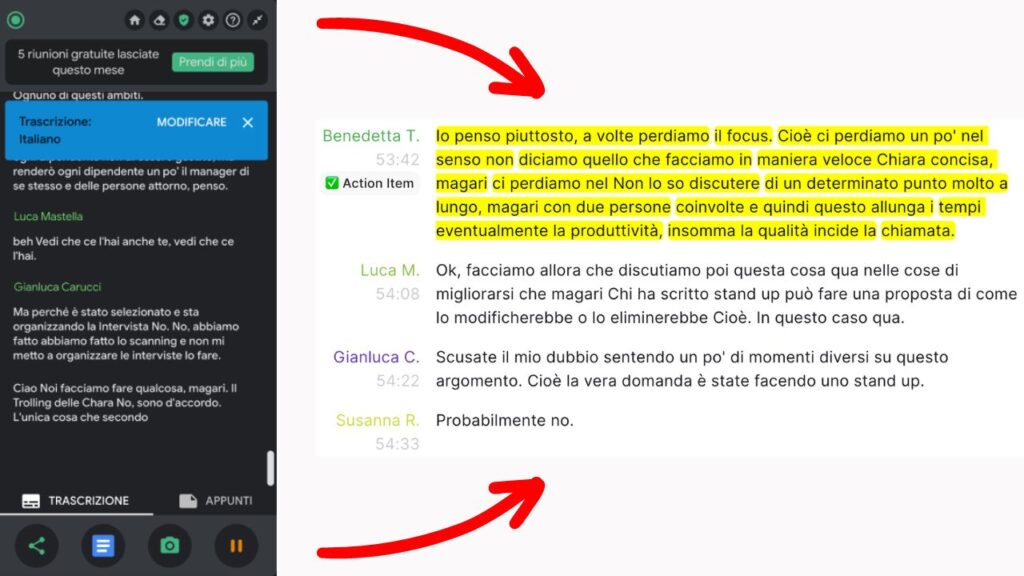 Esempio di trascrizione automatica di una videochiamata generata con Tactiq.io