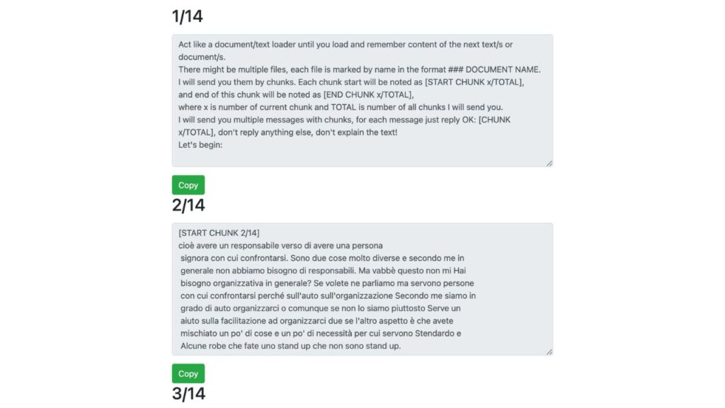 Esempio di utilizzo di chatgptplitter.com, tool che divide il testo in più input per ChatGPT