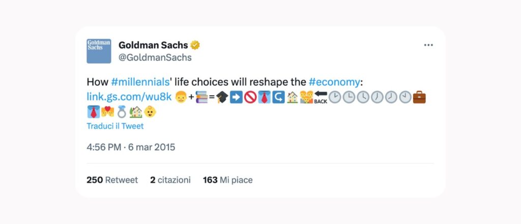 Esempio di emoji marketing, in cui il tweet di Goldman Sachs racconta la vita secondo i millennial utilizzando solo le emoji
