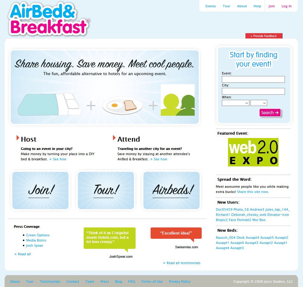 Versione del 2008 del sito AirBed & Breakfast, il futuro Airbnb