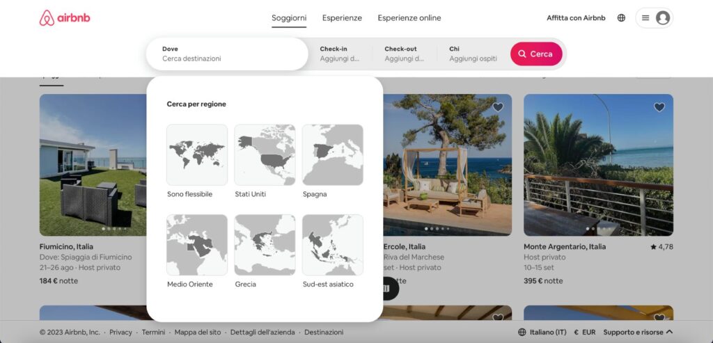 Apertura del menu di ricerca di Airbnb