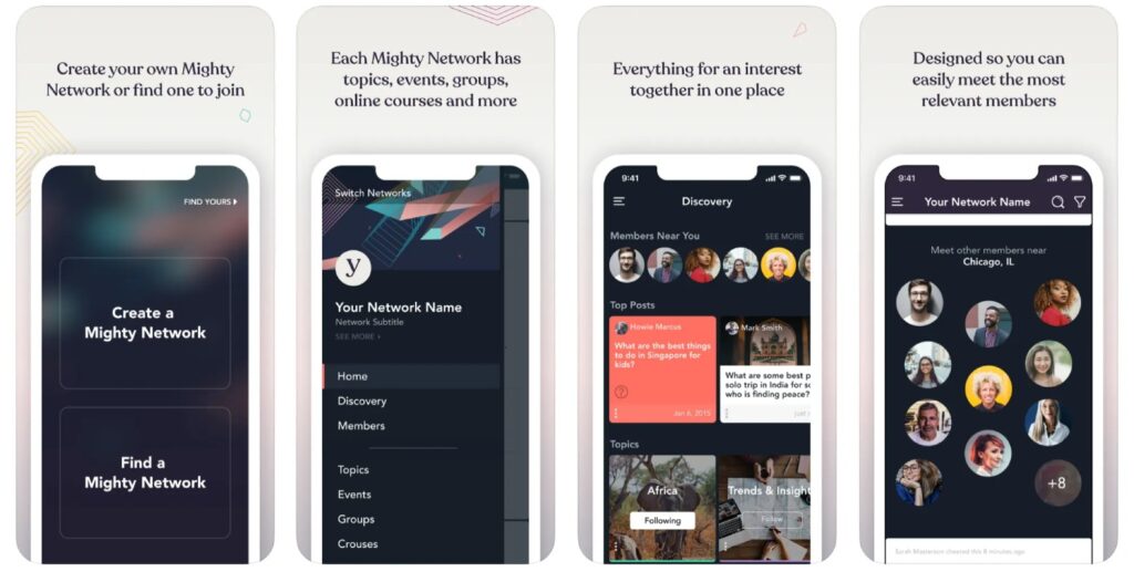 Screenshot delle schermate dell'app Mighty Network
