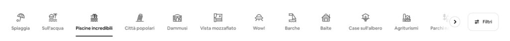 Barra delle esperienze e dei filtri di Airbnb