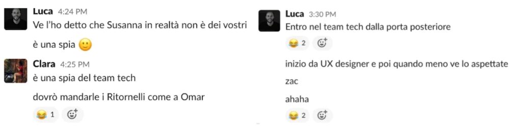 Screenshot di una conversazione del team tech di Learnn su Slack