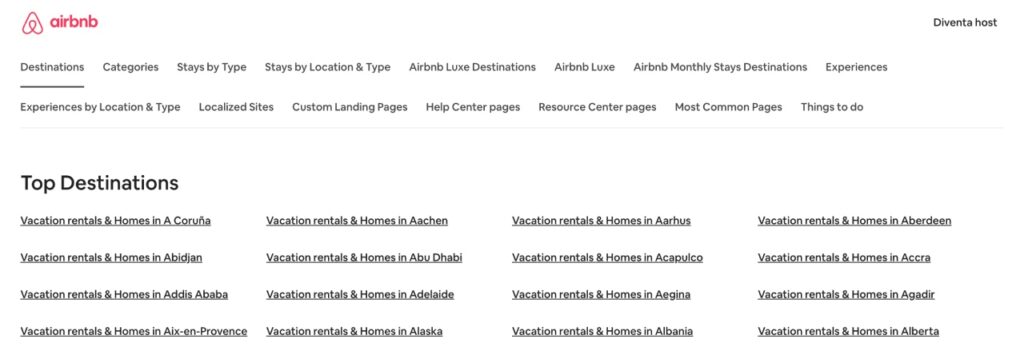 Directory Airbnb delle landing page delle principali mete turistiche