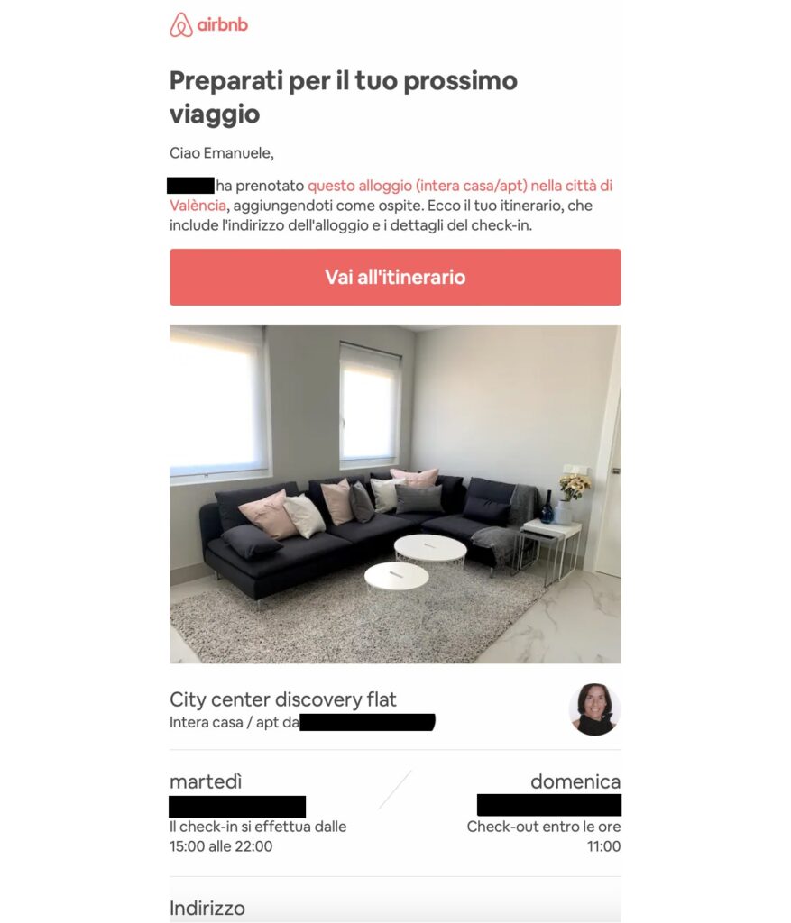 Email di prenotazione confermata di Airbnb