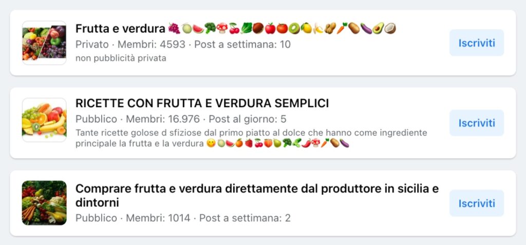 Esempi di gruppi Facebook sulla frutta e verdura