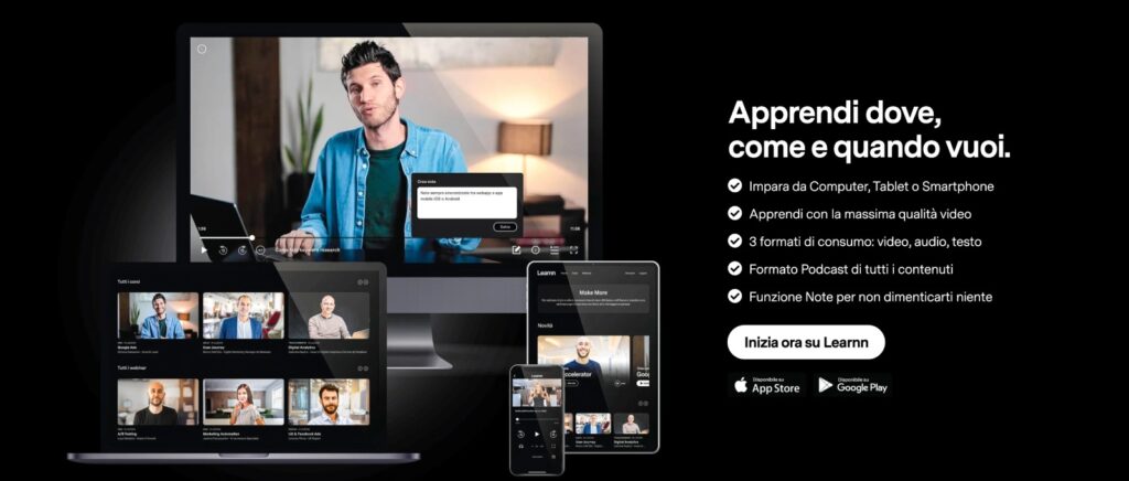Estratto della landing page di Learnn in cui la CTA incentiva al download dell'app