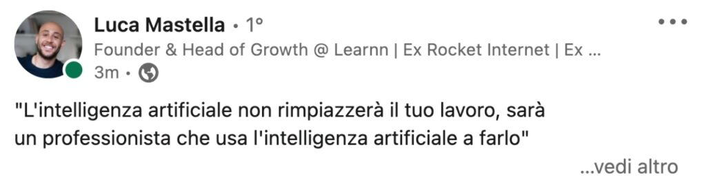 Headline del post LinkedIn di Luca Mastella sull'Intelligenza Artificiale