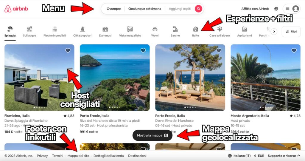 Airbnb è uno tra i siti con la migliore user experience: nello screenshot vediamo la home page, dove tutto è finalizzato per facilitare l'interazione dell'utente