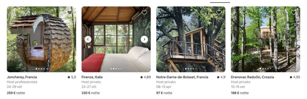 Gli host consigliati su Airbnb sono disposti su righe di 4 host, con foto carosello e i dati più importanti