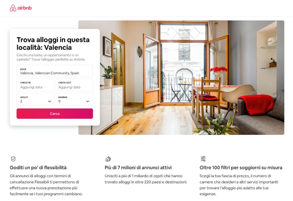 Airbnb ha nel suo sito tantissime landing page dedicate ad ogni singola città nel mondo: nel caso della foto, parliamo della landing page di Valencia