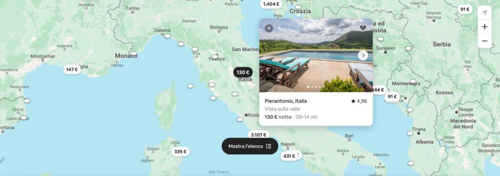 Mappa di Airbnb con host geolocalizzati e popup dell'host selezionato