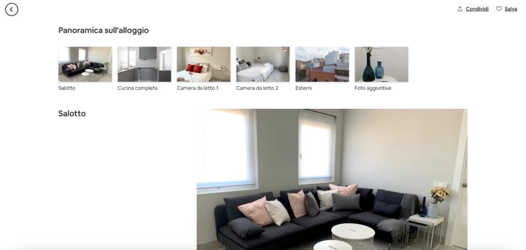 Panoramica alloggio con foto dettagliate e divise per ogni area dell'appartamento dell'host Airbnb