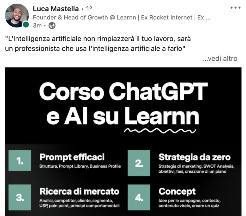Post LinkedIn di Luca Mastella sull'Intelligenza Artificiale con grafico testuale