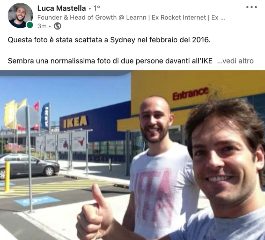 Post LinkedIn con foto di Luca Mastella e Enrico Ferrari davanti all'IKEA: parlano della validazione di una nuova area di business della startup Shopwings