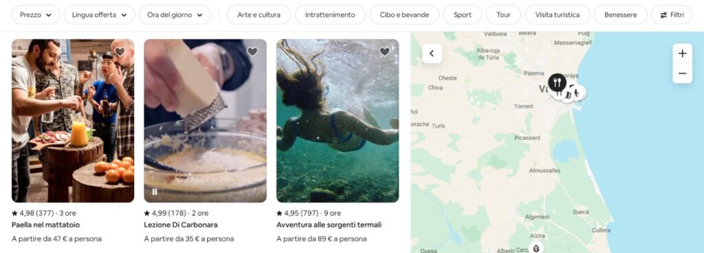 Risultati di ricerca di esperienze di Airbnb con mappa sulla destra che geolocalizza le attività disponibili